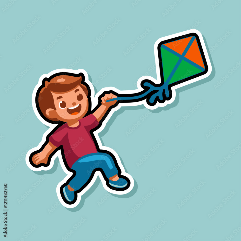 Illustrated Sticker of a Joyful Kid Holding a Kite in the Wind Illustrated Sticker of a Joyful Kid Holding a Kite in the Wind