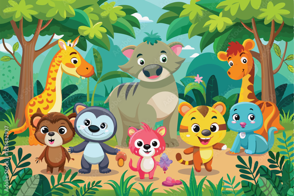 Fototapeta premium Happy cartoon animals celebrate together in a lively jungle filled with greenery and colorful flora Group of happy animals cartoon in the jungle