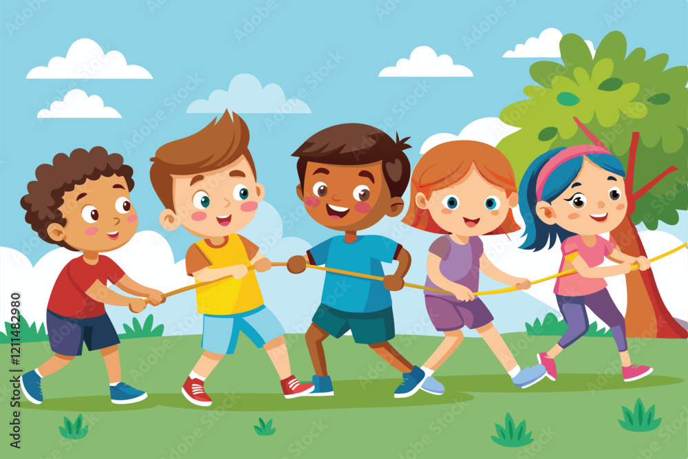 A group of joyful kids are engaged in a fun tug of war activity outdoors Group of happy kids playing tug of war. A group of joyful kids are engaged in a fun tug of war activity outdoors Group of happy kids playing tug of war.