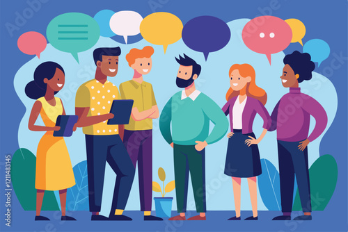 A group of six individuals shares ideas and interacts using digital devices in a vibrant outdoor setting Group of people communicates