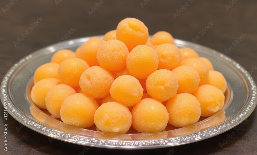 Delicious orange fruit balls on a plate Delicious orange fruit balls on a plate