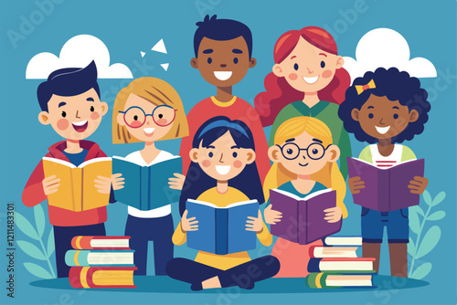 A diverse group of children joyfully reading books while surrounded by nature Group of readers, Cartoon flat vector illustration