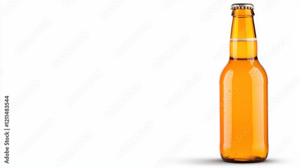 Refreshing Amber Beverage in a Clear Glass Bottle on White Background Refreshing Amber Beverage in a Clear Glass Bottle on White Background