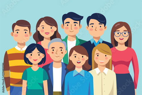 A cheerful group of friends stands together, enjoying a sunny afternoon while smiling at the viewer Group photo Customizable Flat Illustration