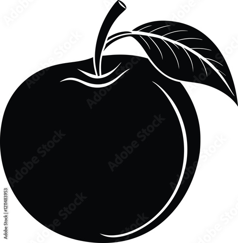 Silhouette of a Single Ripe Black Peach with Leaf