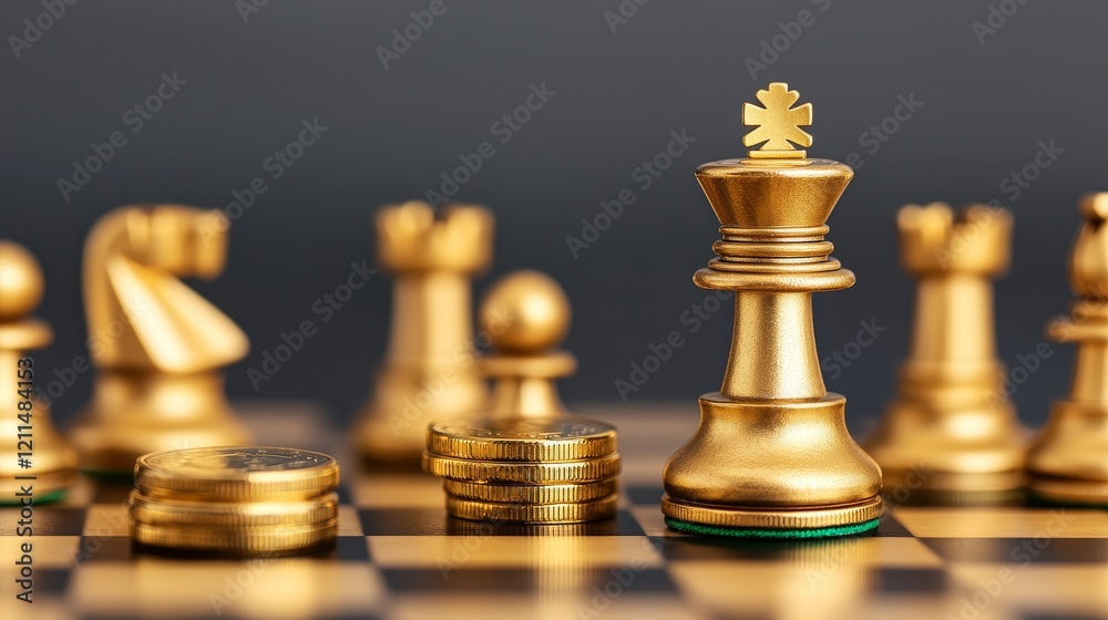 Strategic wealth planning. Golden chess pieces on a board with a focus on the king and coins.