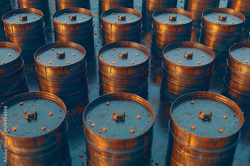 Rows of rusty metal barrels containing oil create an industrial and dystopian scene. Rows of rusty metal barrels containing oil create an industrial and dystopian scene.