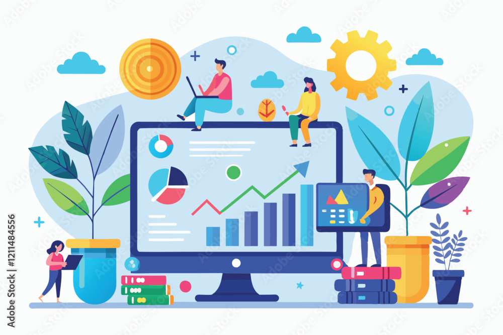 A vibrant illustration showcasing growth analytics with charts, plants, and people engaging with technology Growth analytics Customizable Semi Flat Illustration A vibrant illustration showcasing growth analytics with charts, plants, and people engaging with technology Growth analytics Customizable Semi Flat Illustration
