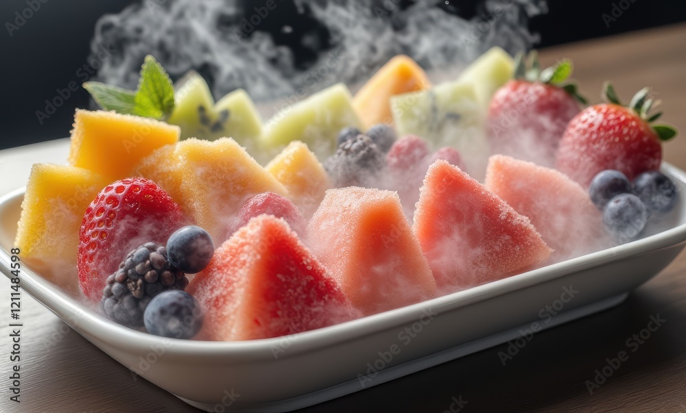 Colorful frozen fruit platter with steam. Colorful frozen fruit platter with steam.