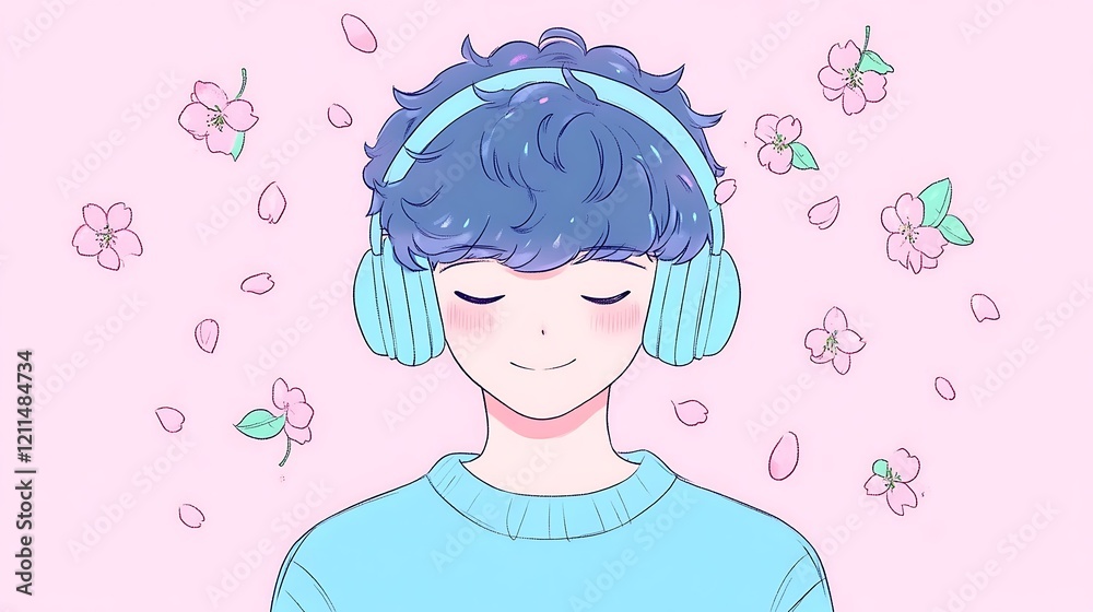 Obraz premium A Young Person Enjoying Music Under a Blue Sky Surrounded by Falling Petals