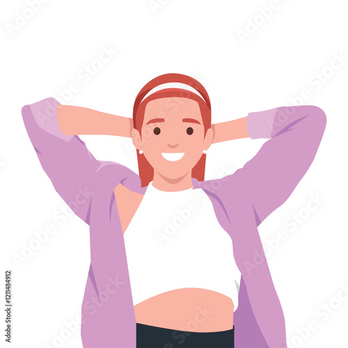 Relaxed and Cheerful Woman in Casual Attire with her hands behind her head. Flat vector illustration isolated on white background