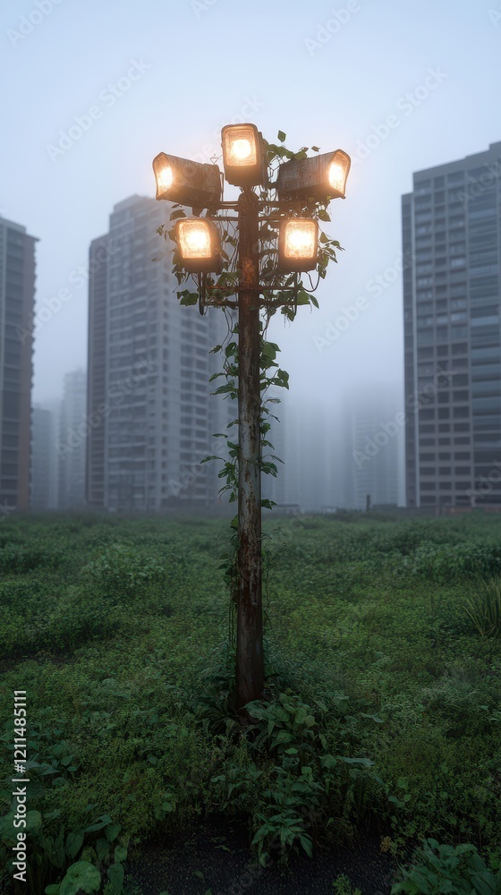 Misty urban landscape with overgrown lamp post. Misty urban landscape with overgrown lamp post.