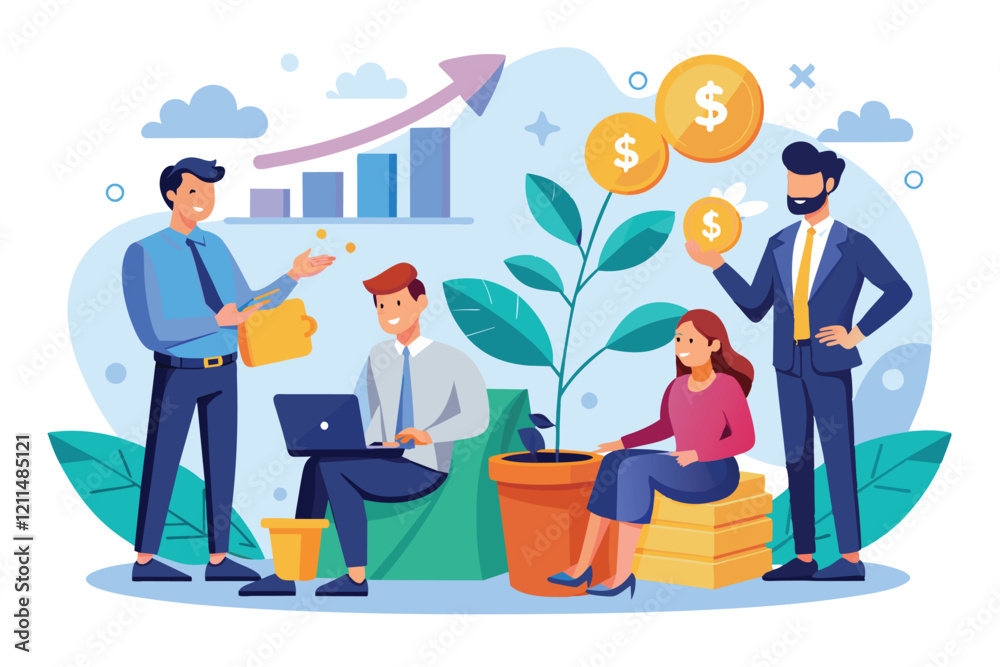 A group of business people discussing investment strategies with plants and money symbols growth money investment business people passive income A group of business people discussing investment strategies with plants and money symbols growth money investment business people passive income