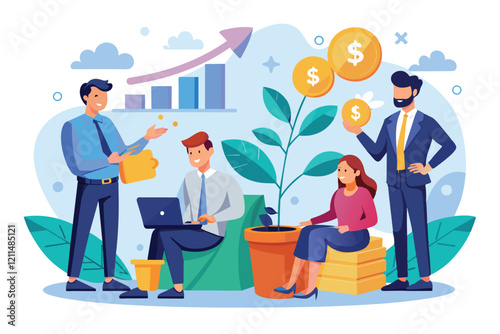 A group of business people discussing investment strategies with plants and money symbols growth money investment business people passive income