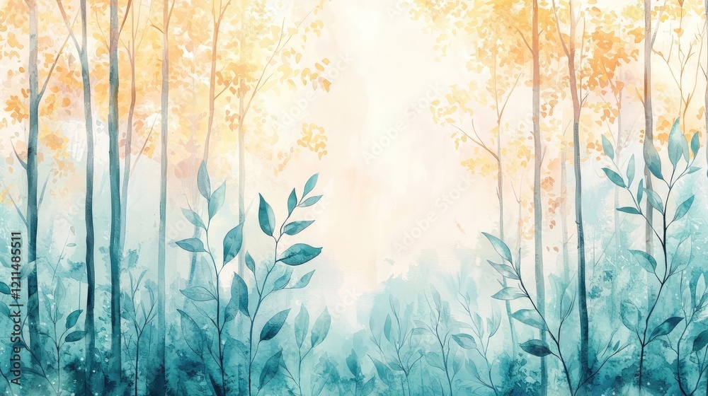 Obraz premium Summer watercolor idea. Tranquil forest scene with soft light and vibrant foliage for peaceful nature vibes.