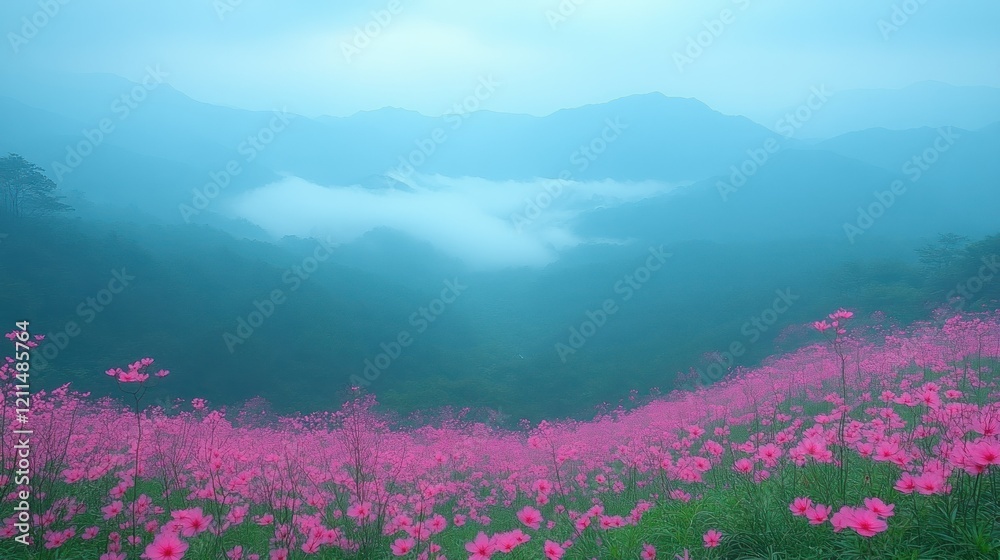 Obraz premium Misty Mountain Meadow: A Serene Cosmos Bloom