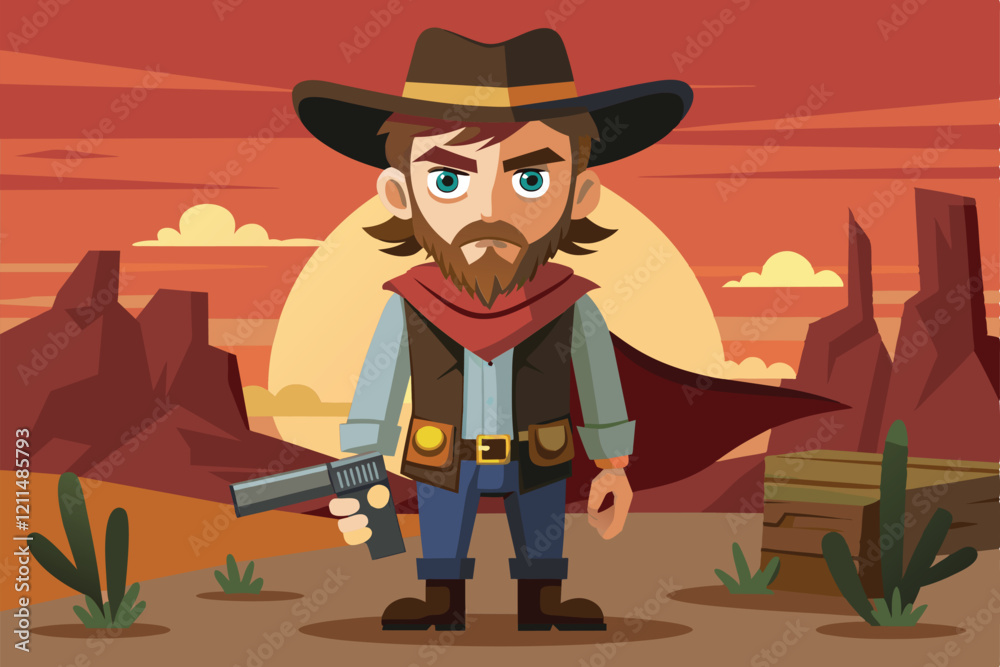 A cartoon gunslinger poses confidently in the desert at sunset, holding a revolver and dressed for adventure Gunslinger Customizable Cartoon Illustration A cartoon gunslinger poses confidently in the desert at sunset, holding a revolver and dressed for adventure Gunslinger Customizable Cartoon Illustration