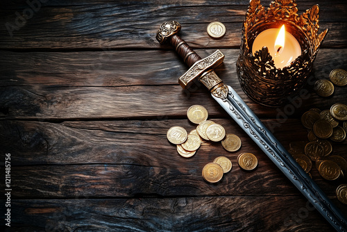 Golden crown, medieval sword, and scattered gold coins in the light of a burning candle on an old wooden table background..