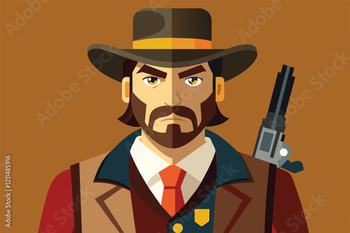 A determined gunslinger stands poised, showcasing his dual revolvers and rugged attire Gunslinger Customizable Semi Flat Illustration