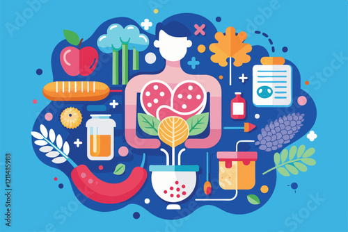 An artistic representation of gut health, highlighting food, probiotics, and beneficial bacteria components Gut health Customizable Disproportionate Illustration