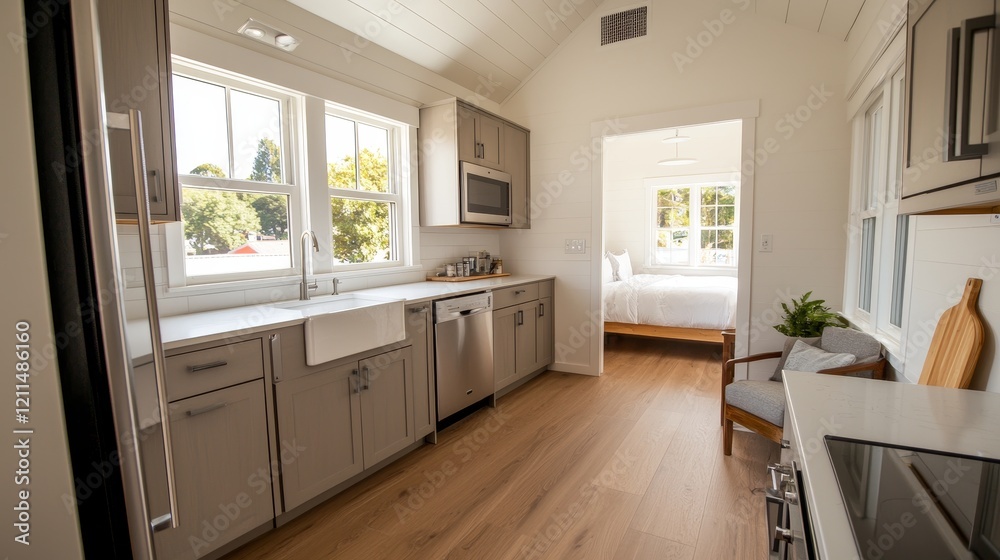 custom made wallpaper toronto digitalAffordable rental housing. Modern kitchen with natural light and wooden flooring leading to a bedroom.