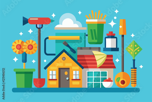 Illustrated tools and supplies for gutter cleaning surround a cozy house under a clear blue sky Gutter cleaning Customizable Flat Illustration