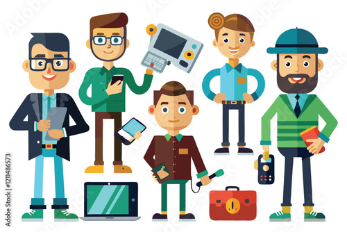 Cartoon characters interact with multiple devices, showcasing technology in a colorful, engaging environment Guys with devices, Cartoon flat vector collection isolated on white background