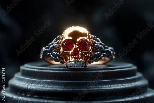 Gold skull ring encrusted with gemstones on a black pedestal with a dark background. photo