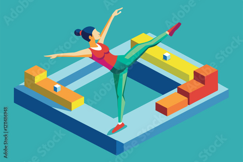 A gymnast expertly balances on a beam surrounded by colorful training blocks in a modern gym Gymnastic Customizable Isometric Illustration