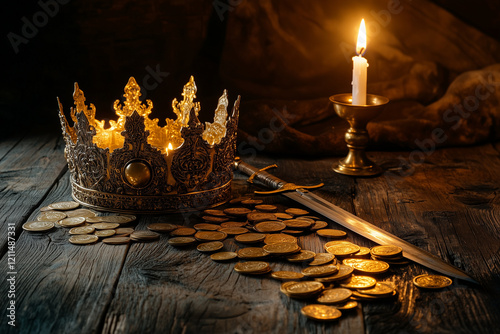 Golden crown, medieval sword, and scattered gold coins in the light of a burning candle on an old wooden table background.. photo