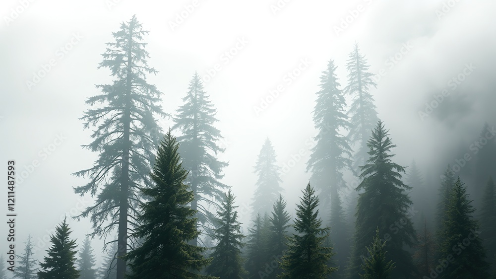 Fototapeta premium Misty Forest Sentinels: Serene Fir Trees, Soft Light