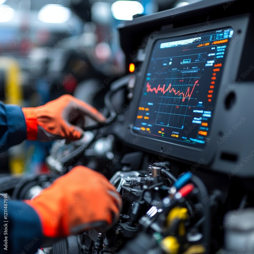 Mechanics repair diagnostics adjustment. Technician monitoring engine diagnostics on a digital display. Mechanics repair diagnostics adjustment. Technician monitoring engine diagnostics on a digital display.