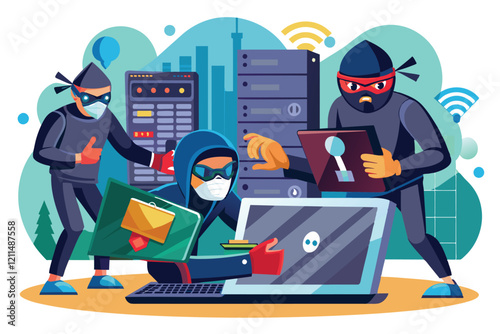 A group of hackers executes a data breach, working on laptops and servers in a digital environment Hackers break into data