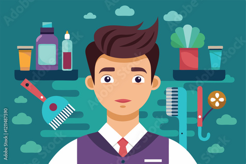A hairdresser poses confidently with salon tools and products displayed in the background Hairdresser Customizable Disproportionate Illustration
