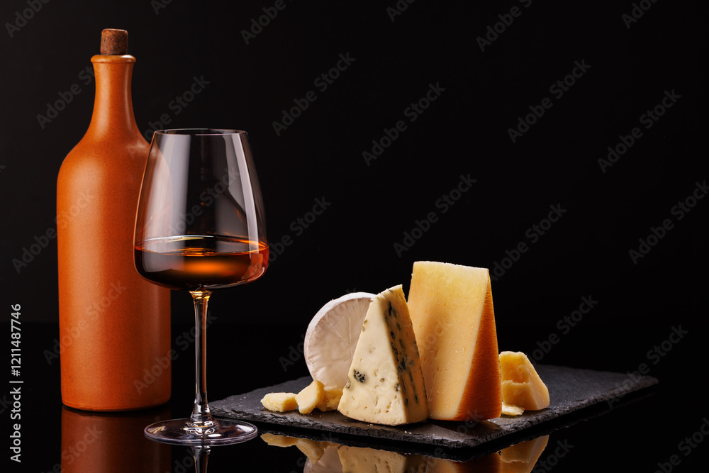 A refined selection of aged cheeses presented on a board, accompanied by a glass of wine A refined selection of aged cheeses presented on a board, accompanied by a glass of wine