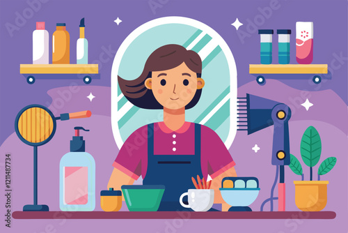 The hairdresser stands at her station, ready to serve clients in her vibrant salon Hairdresser Customizable Flat Illustration