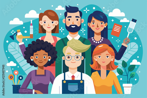 A talented hairdresser team poses together, each holding unique tools and showcasing their profession Hairdresser team Customizable Disproportionate Illustration