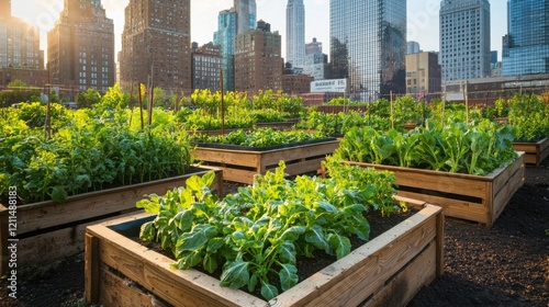 A vibrant rooftop garden filled with lush plants, framed by towering city skyscrapers under a golden sunrise.