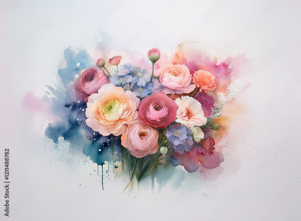 Fototapeta premium A vibrant bouquet of pastel ranunculus and other blossoms, artfully arranged against a soft watercolor background, evokes a feeling of delicate beauty and springtime freshness.