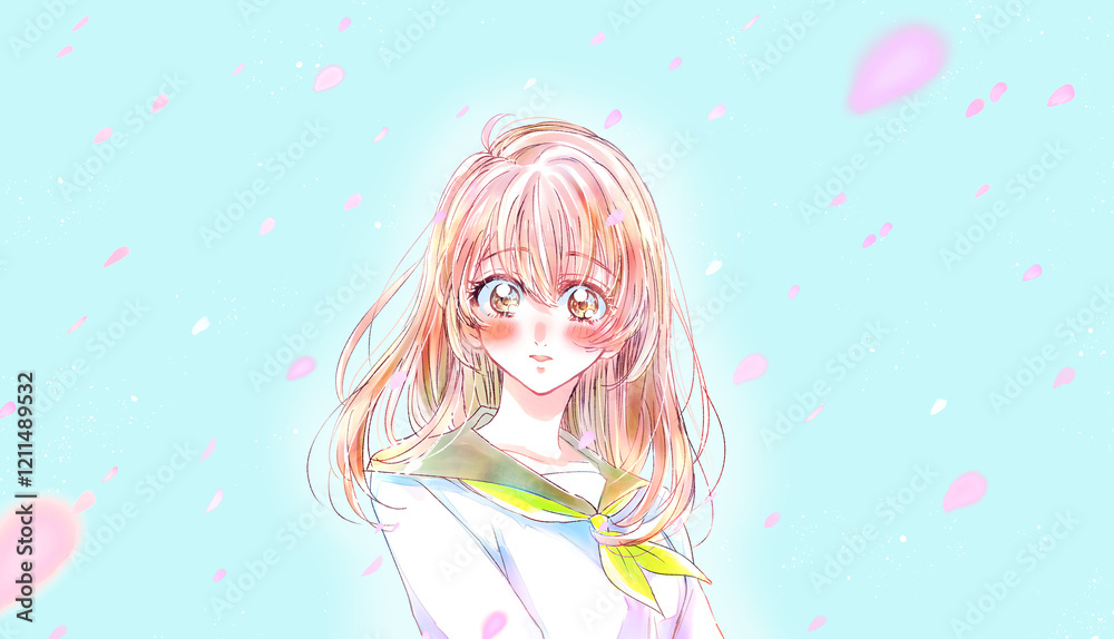 恋に落ちるセーラー服の女子学生 バストアップ 桜吹雪 恋に落ちるセーラー服の女子学生 バストアップ 桜吹雪