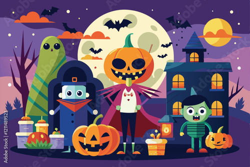 Colorful characters celebrate Halloween with pumpkins, bats, and spooky decorations under a full moon Halloween party Customizable Semi Flat Illustration