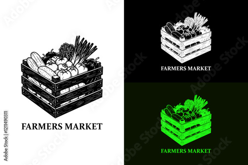 a wooden crate filled with fresh vegetables carrots, chilies, cucumber, radish, farmers market logo, vegetables shop, fruits shop, vegetarian, nutrition, keto diet, healthy, illustration, vectors 