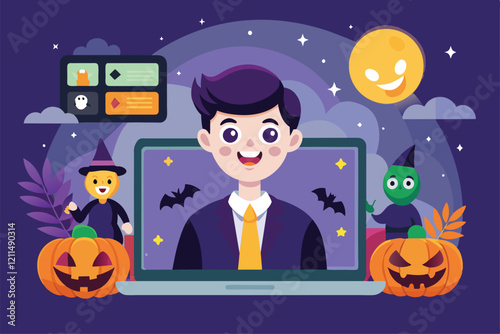 Participants celebrate Halloween with a fun video call featuring themed decorations and costumes Halloween video call Customizable Flat Illustration