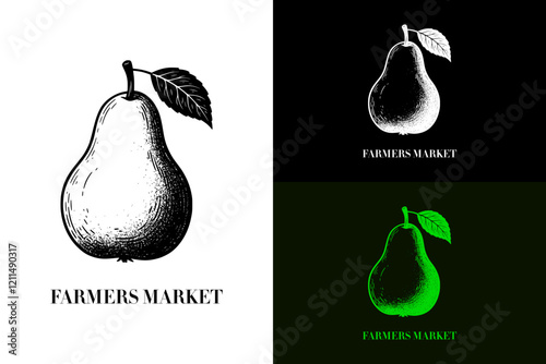 an illustration of a pear with single leaf, fruits shop, vegetables shop, farm, famers market logo, village, organic food market, sweet, pear fruit, healthy, keto diet, vectors, abstract logo