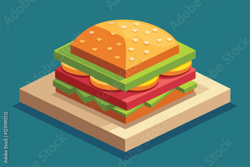 A detailed illustration showcases a customizable hamburger layered with fresh toppings Hamburger Customizable Isometric Illustration