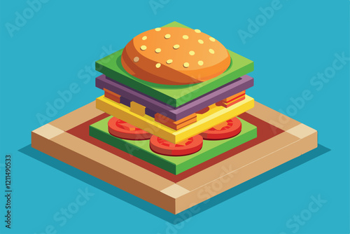 A colorful arrangement of hamburger layers and toppings is displayed in an isometric style Hamburger Customizable Isometric Illustration