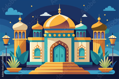 A stunning hammam with vibrant domes, ornate details, and lush greenery set against a night sky Hammam Customizable Flat Illustration