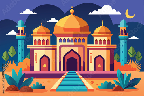 A vibrant hammam stands majestically, surrounded by lush greenery under a twilight sky Hammam Customizable Flat Illustration