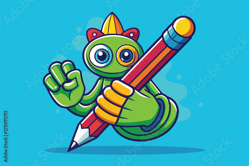 A playful cartoon character confidently grips a colorful pen, ready to create Hand holding pen Customizable Cartoon Illustration