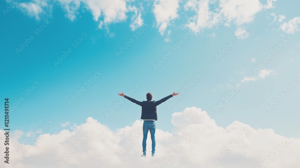 Soaring Above: A solitary figure, arms outstretched, stands triumphantly atop a fluffy cloud, the expansive blue sky symbolizing limitless possibilities and the pursuit of dreams. Soaring Above: A solitary figure, arms outstretched, stands triumphantly atop a fluffy cloud, the expansive blue sky symbolizing limitless possibilities and the pursuit of dreams.